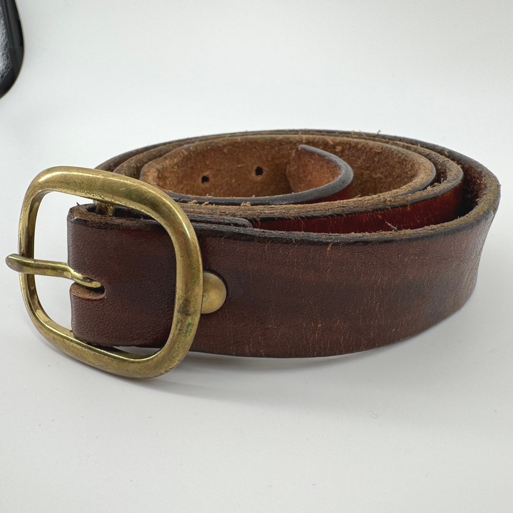 VTG Leather Belt Sz 34 Distressed Dark Brown Solid Brass Buckle Rugged Workwear
